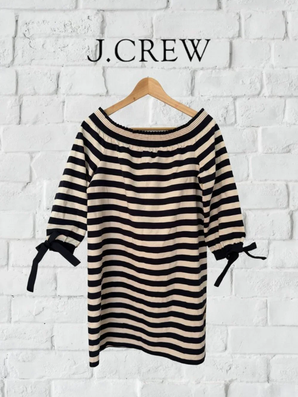 J.Crew Striped Off-Shoulder Tie-Sleeve Shift Dress | Navy Cream | Size S